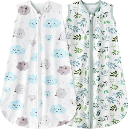 BSTOPPT Newborn Sleep Sack Baby Swaddle,3-6 Months,3-Way Adjustable Wearable Blanket,100% Rayon Cotton Swaddling sleeping bag，TOG 0.5（Clouds&Starry Sky）
