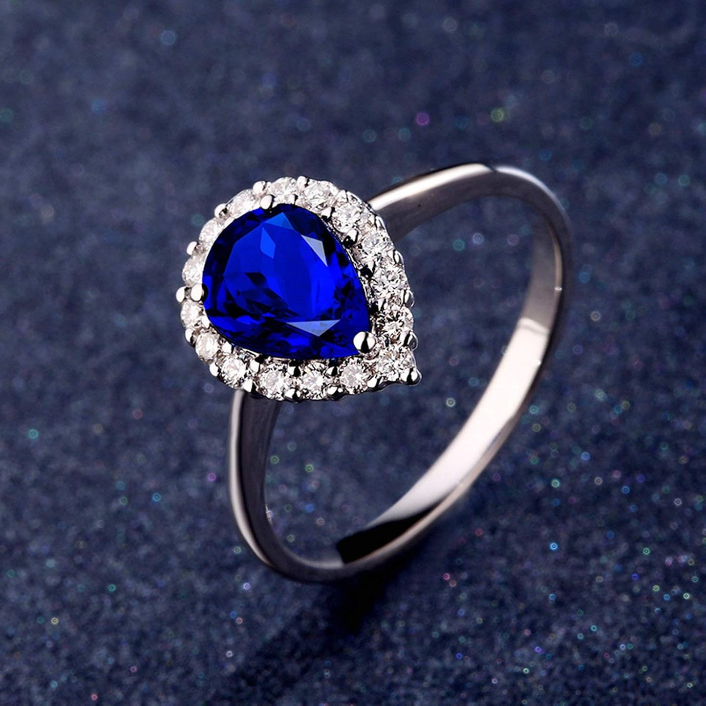 Aienid 18Ct White Gold Women Ring Big Teardrop Pear Cut Sapphire with White Diamond Wedding Rings for Women