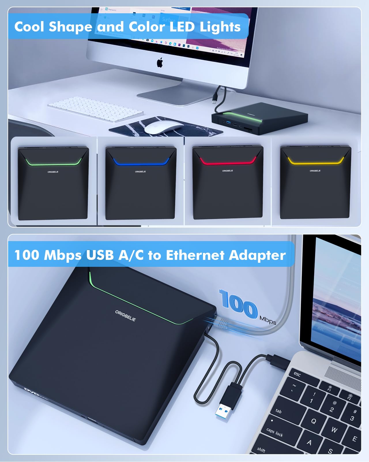 ORIGBELIE externes DVD-Laufwerk, CD-Laufwerk USB 3.0 Typ-C CD/DVD ROM +/-RW Adapter mit USB-Anschluss DVD-Brenner für Laptop, PC, Desktop-Computer, optisches Laufwerk CD-Player kompatibel mit Mac Windows Linux