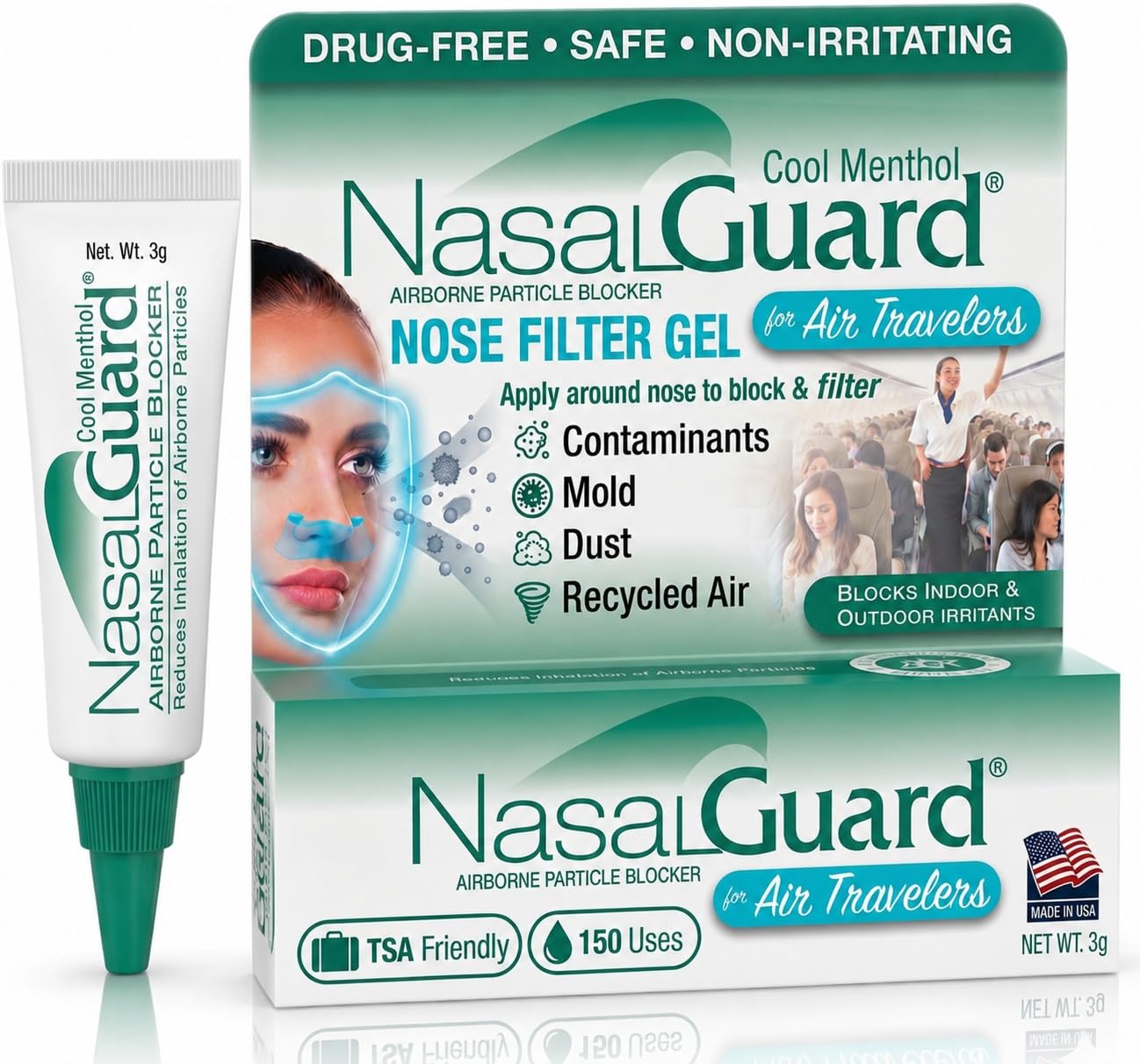 for Air Travelers | Cabin Air Protection Gel | Helps Block Dust, Mold & Airborne Contaminants | Drug-Free, Applied Around Nose | TSA Friendly | 150+ Uses (Unscented, 10g, Pack of 6)