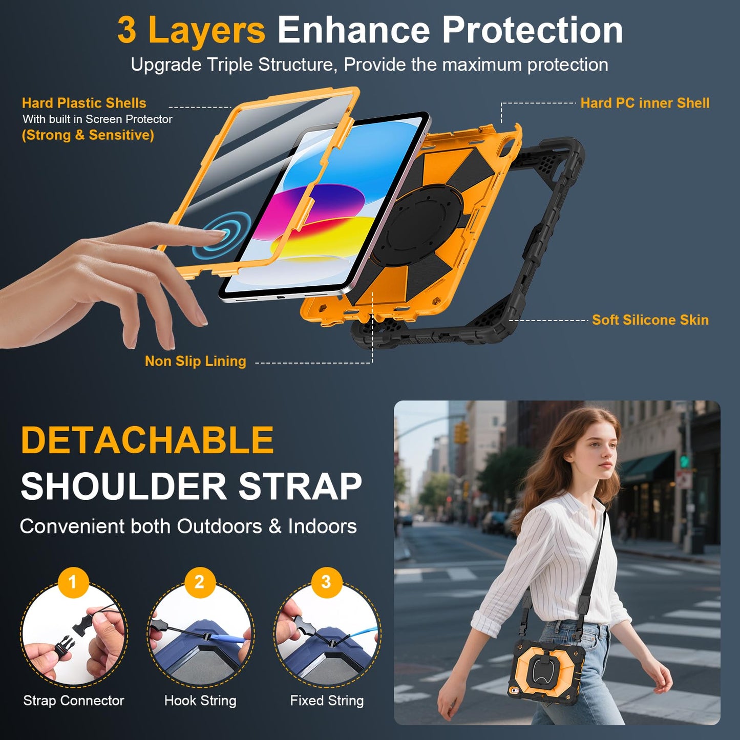 Case for iPad A16 11th Generation 11 Inch 2025, Auorld for iPad 10th Generation 10.9 inch 2022 case with Screen Protector, 360 Degree Rotating Stand Shoulder Strap Pencil Holder, Navy Pink