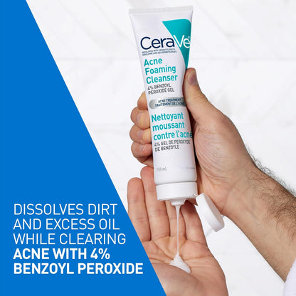 CeraVe 4% Benzoylperoxid Aknebehandlung Schäumendes Reinigungsgel für Gesicht & Körper, mit Hyaluronsäure und Niacinamid. Hilft, Akne-Pickel zu klären und Ausbrüchen vorzubeugen. Sanftes Gel, Parfümfrei, 150ml