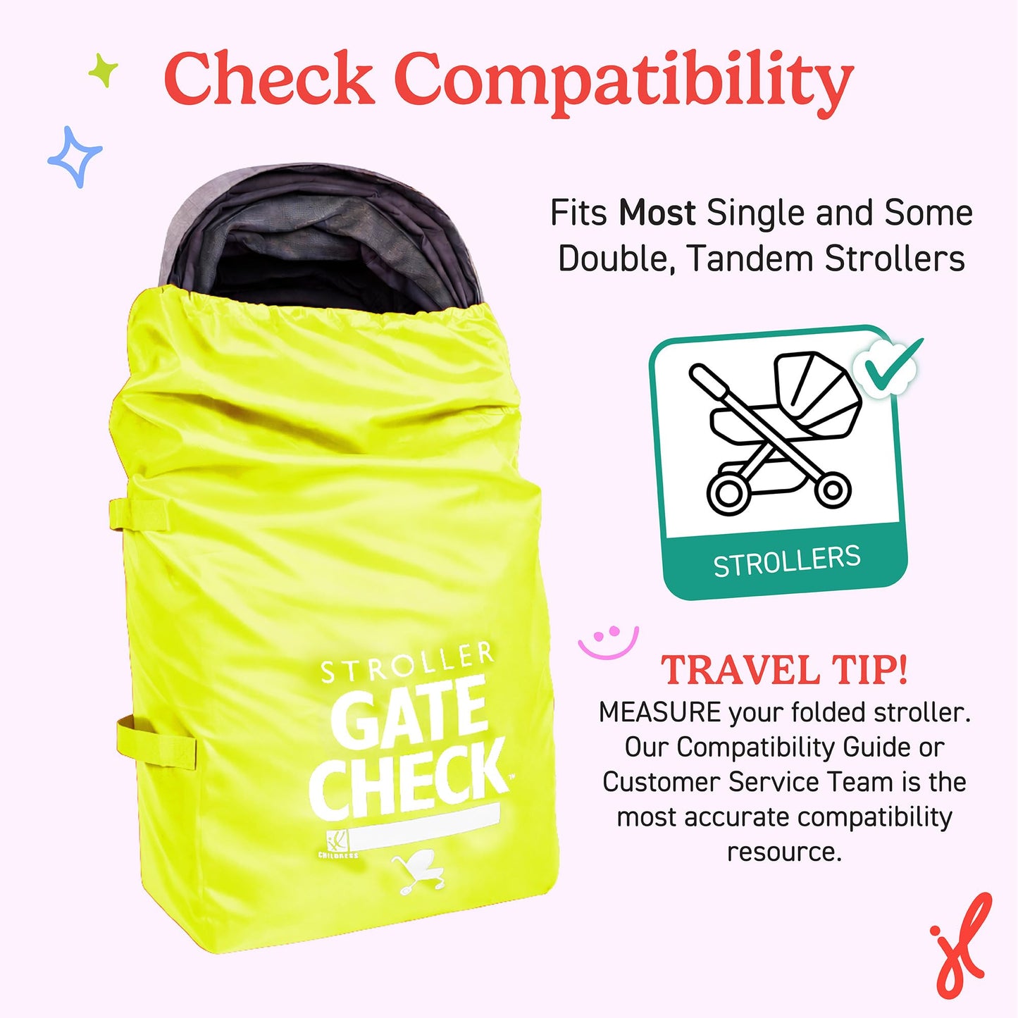 J.L. Childress Gate Check Bag for Single & Some Double Strollers - Travel Bag for Airplane, Fits Most Standard Baby Strollers, Airport Accessories Gate Check, Flying Essentials - Neon Blue
