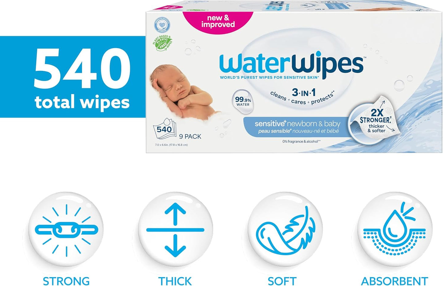 WaterWipes Sensitive+ Baby-Feuchttücher für Neugeborene und Babys, 3-in-1 reinigt, pflegt, schützt, 99,9 % Wasser, unparfümiert & hypoallergen, 720 Stück (12 Packungen)