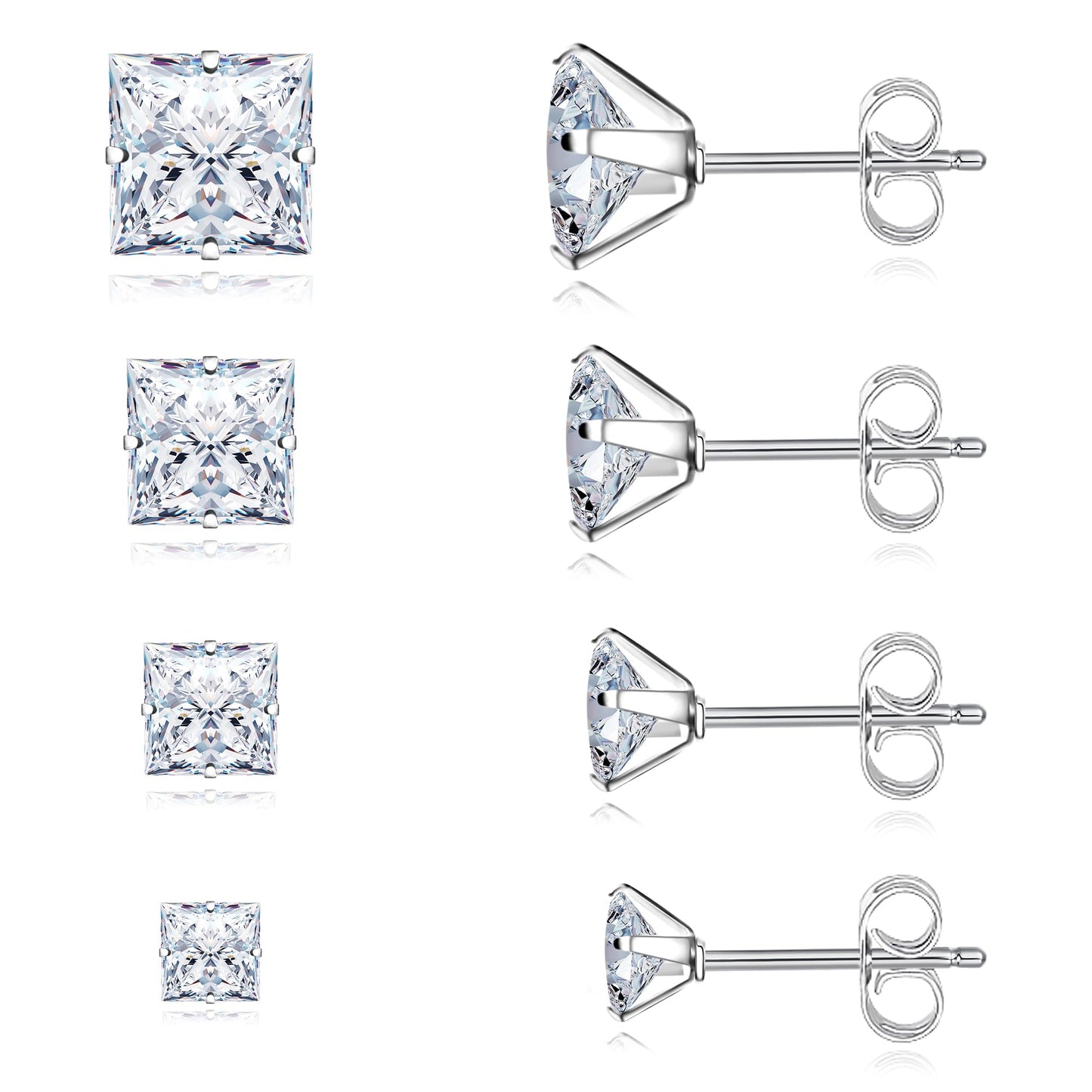 Trinckle 4 Pairs Stainless Steel Earrings, Silver Cubic Zirconia Studs Hypoallergenic Princess Cut Stud Set for Women, Square Earrings for Men Cartilage Piercing Lab-Diamond Men Jewelry Gifts