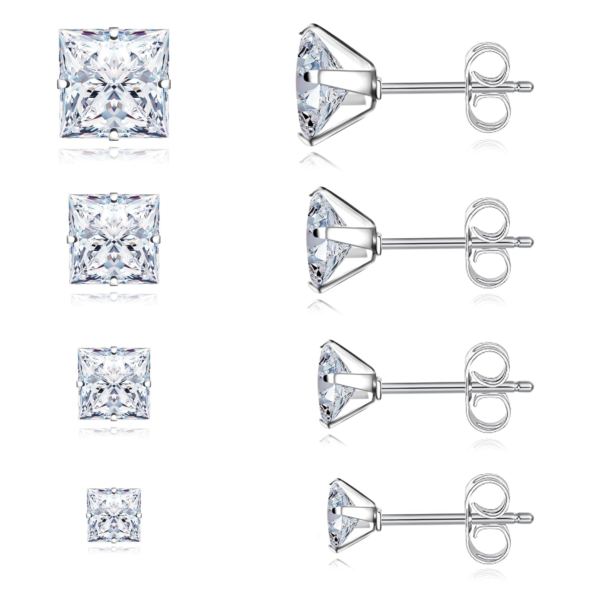 Trinckle 4 Pairs Stainless Steel Earrings, Silver Cubic Zirconia Studs Hypoallergenic Princess Cut Stud Set for Women, Square Earrings for Men Cartilage Piercing Lab-Diamond Men Jewelry Gifts