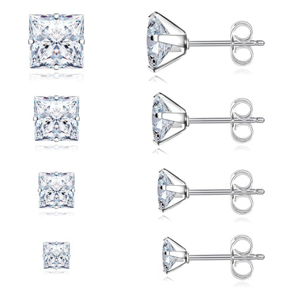 Trinckle 4 Pairs Stainless Steel Earrings, Silver Cubic Zirconia Studs Hypoallergenic Princess Cut Stud Set for Women, Square Earrings for Men Cartilage Piercing Lab-Diamond Men Jewelry Gifts