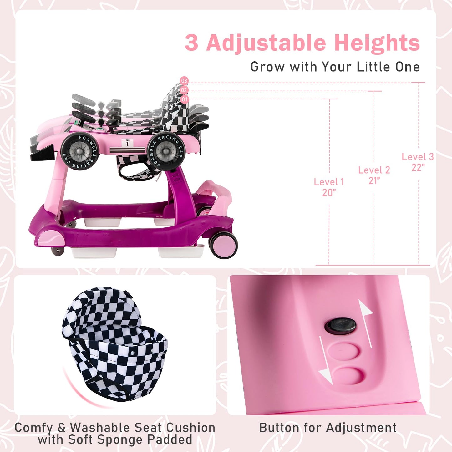 BABY JOY 4-in-1 Baby Walker, Foldable Activity Walker with Adjustable Height & Speed, Music, Lights, Anti-Rollover, Toddler Push Walker, Baby Walker with Wheels for Boys Girls 6-18 Months (Pink)