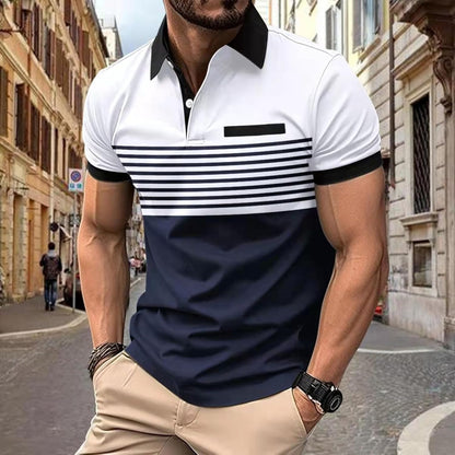Herren-Golfhemden Kurzarm Regular Fit Feuchtigkeitsableitend Performance Casual Gestreiftes Patchwork-Muster Herren-Poloshirts