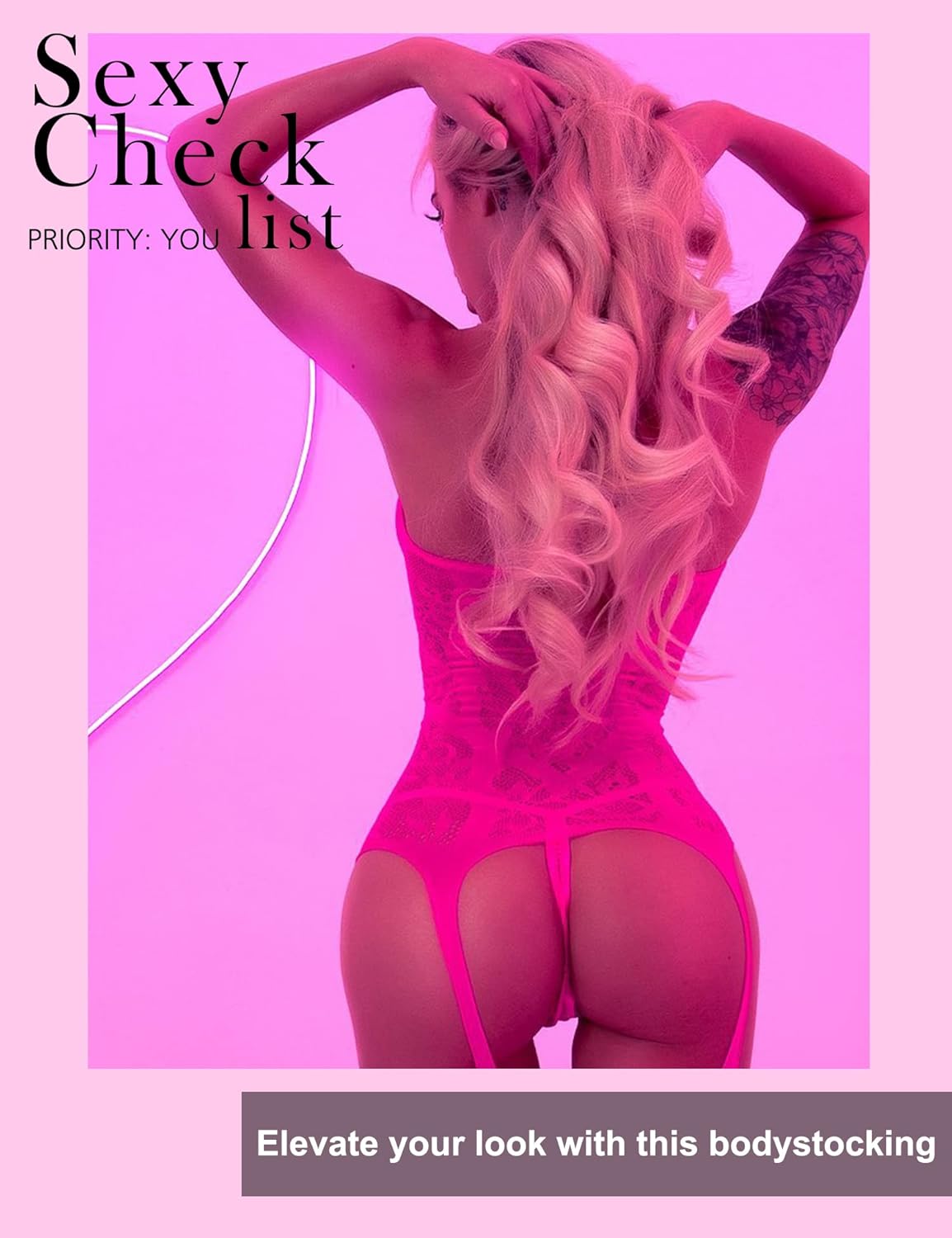 RSLOVE Damen Netz Bodystocking mit befestigten Strümpfen, sexy Dessous, offenem Schritt Body, Einteiler Babydoll, Einheitsgröße