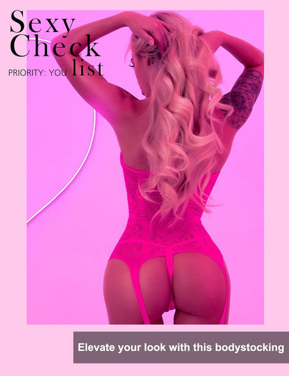RSLOVE Damen Netz Bodystocking mit befestigten Strümpfen, sexy Dessous, offenem Schritt Body, Einteiler Babydoll, Einheitsgröße