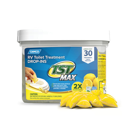 Camco TST MAX RV Toilet Treatment Drop-INs - Control Unwanted Odors & Break Down Waste and Tissue - Safe Septic Tank Treatment - Orange Scent, 30-Pack (41183)