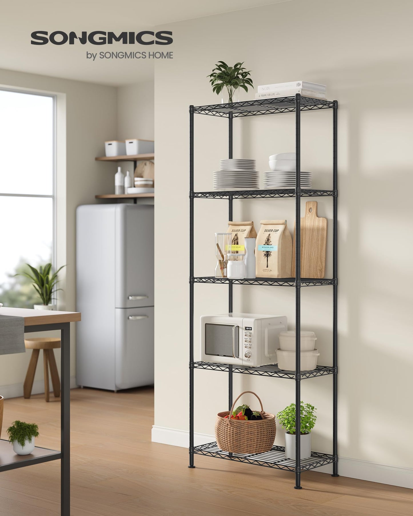 SONGMICS Storage Shelf, Small Metal Wire Shelving Unit, Adjustable Shelves, for Small Spaces, Garage, Bedroom, Living Room, Kitchen, Pantry, 5 Tier, 11.8 x 11.8 x 47.6 Inches, Ink Black ULGR123BH01