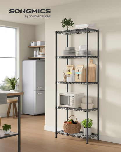 SONGMICS Storage Shelf, Small Metal Wire Shelving Unit, Adjustable Shelves, for Small Spaces, Garage, Bedroom, Living Room, Kitchen, Pantry, 5 Tier, 11.8 x 11.8 x 47.6 Inches, Ink Black ULGR123BH01