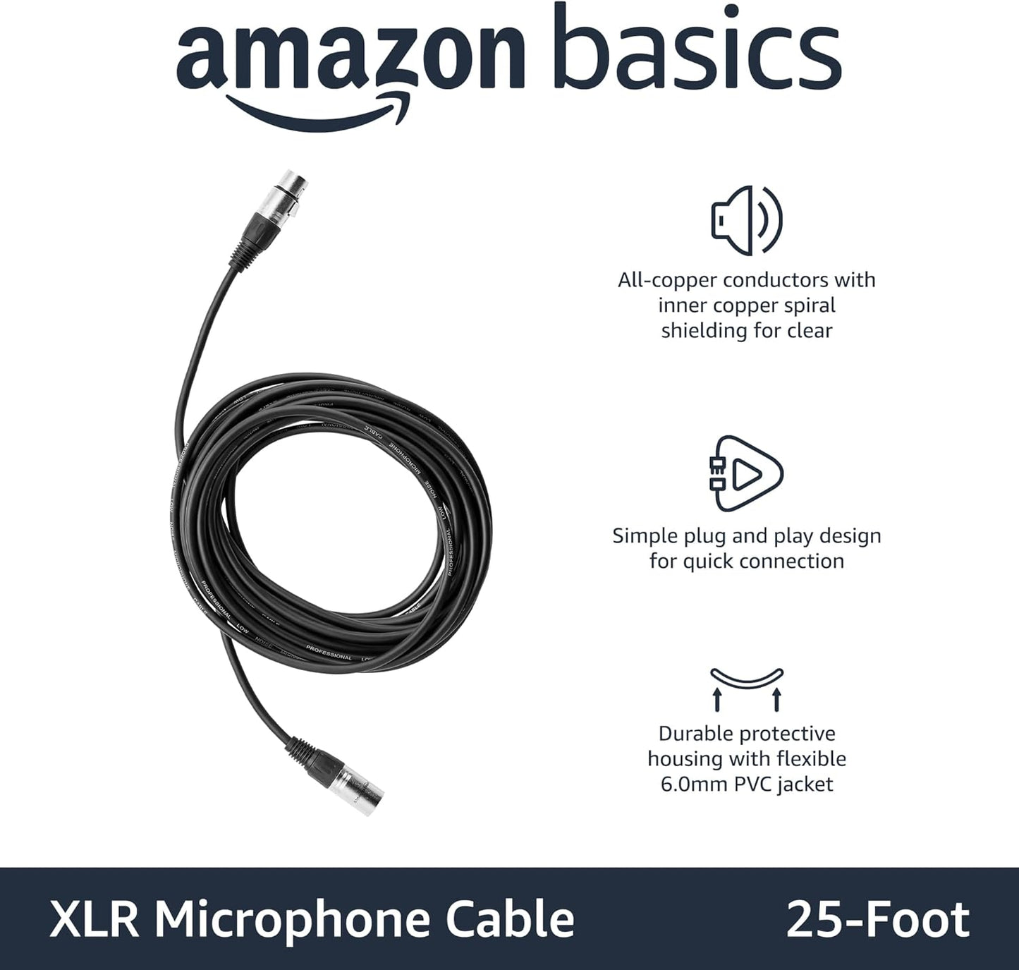 Amazon Basics XLR-Mikrofonkabel für Tonstudio-Lautsprecher, PA-System, Vollkupferleiter, 3 m, Schwarz
