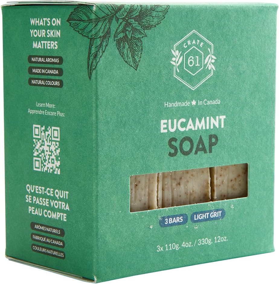 CRATE 61 ORGANICS Vegane Naturseife, handgemachte Seife mit hochwertigen ätherischen Ölen, kaltgepresst für Gesicht und Körper für Männer und Frauen, 3er-Pack (4 oz, Riegel) (Eucamint)