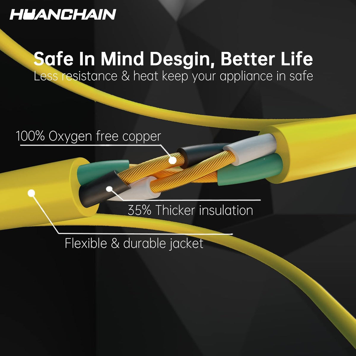 HUANCHAIN Indoor Outdoor Black Extension Cord 25 ft Waterproof, 16/3 Gauge Flexible Cold-Resistant Appliance Cable Outside, 13A 1625W 16AWG SJTW, 3 Prong Electric Cord, ETL