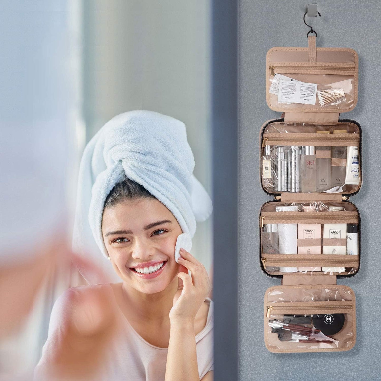 BAGSMART Kulturbeutel Reise-Organizer mit Aufhängehaken, wasserdichte Make-up-Kosmetiktasche für Zubehör, Shampoo, Standardbehälter, Toilettenartikel