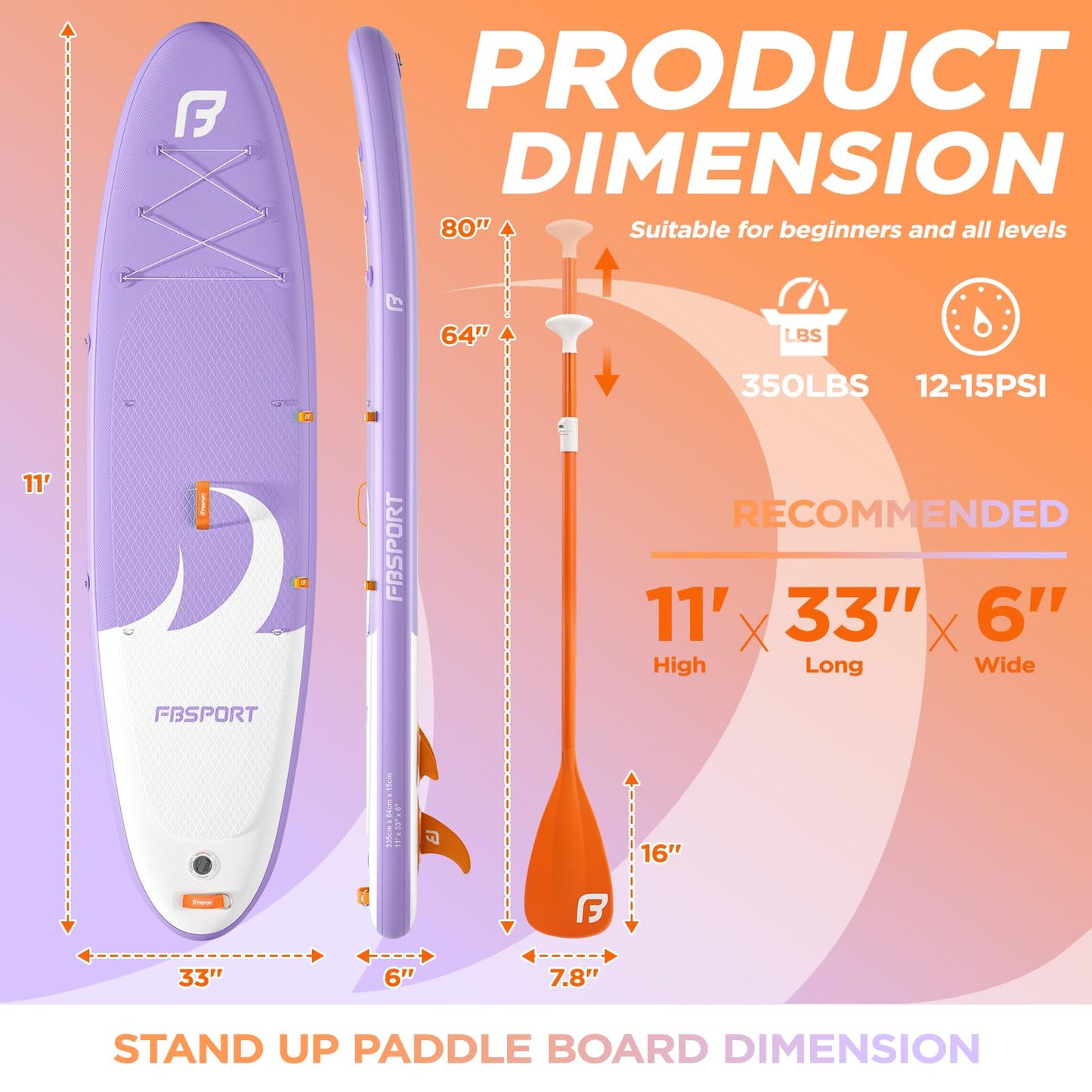 FBSPORT 11' Premium Stand Up Paddle Board, Yoga Board with SUP Accessories & Carry Bag | Wide Stance, Surf Control, Non-Slip Deck, Leash, Paddle and Pump for Youth & Adult