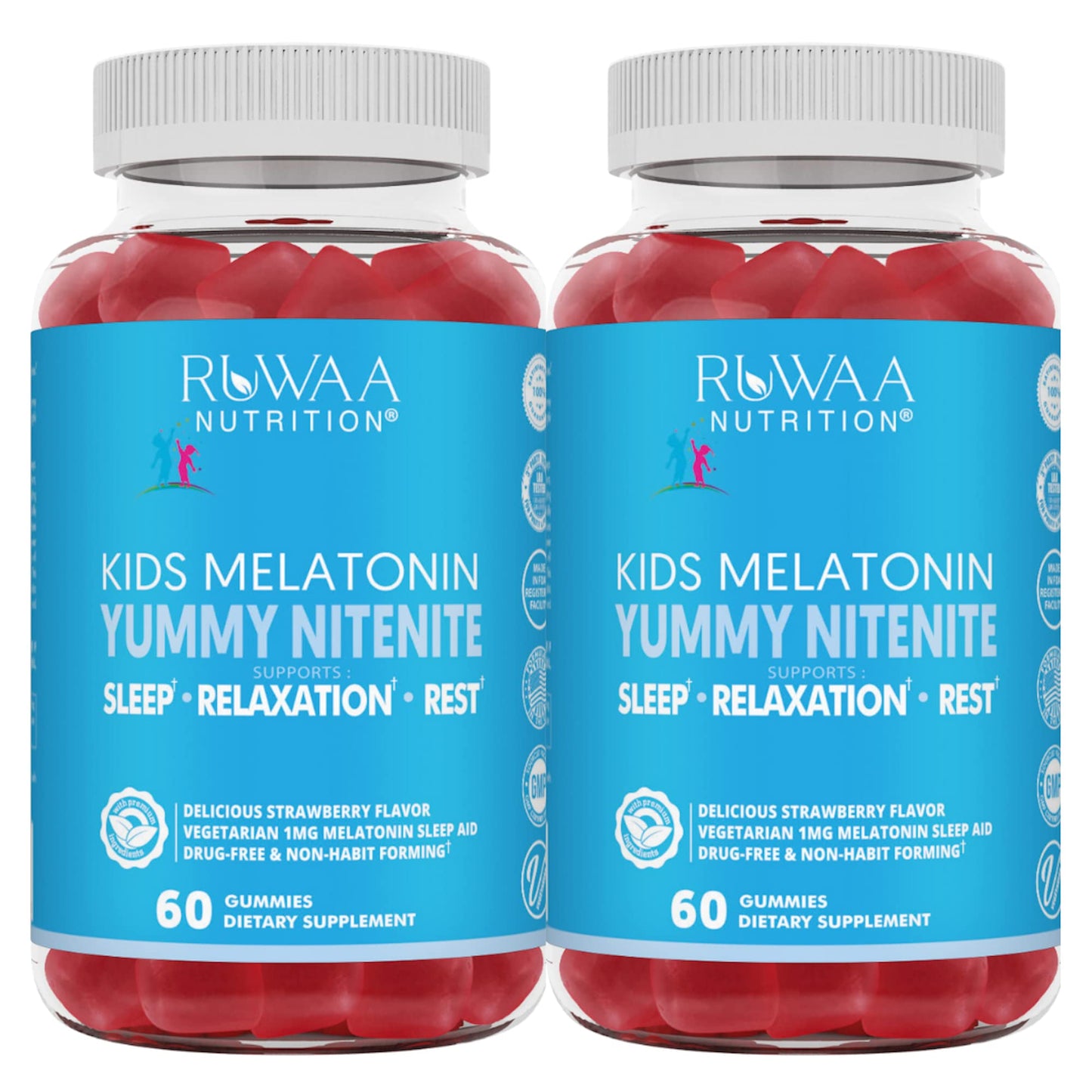 RUWAA NUTRITION Kids Melatonin Gummies 1 mg, Safe, Drug-Free & Effective Natural Sleep Aid for Kids. Children Melatonin Gummy, Gluten-Free Vegetarian Restful Sleep Support for Ages 4+. 360ct (6)