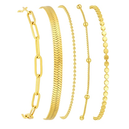 Gold Bracelets for Women, 14K Gold Plated Stackable Bracelet Stack Set Adjustable Charm Paperclip Chain Snake Link Layered Waterproof Jewelry Sets Gifts