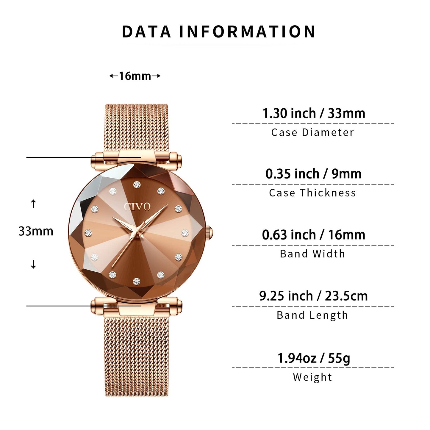 CIVO Damenarmbanduhr, wasserdichte analoge Quarzdameuhr für Damen, Roségold-Mesh-Armband, elegant, luxuriös, Designer-Damenuhr mit Diamant-Zifferblatt