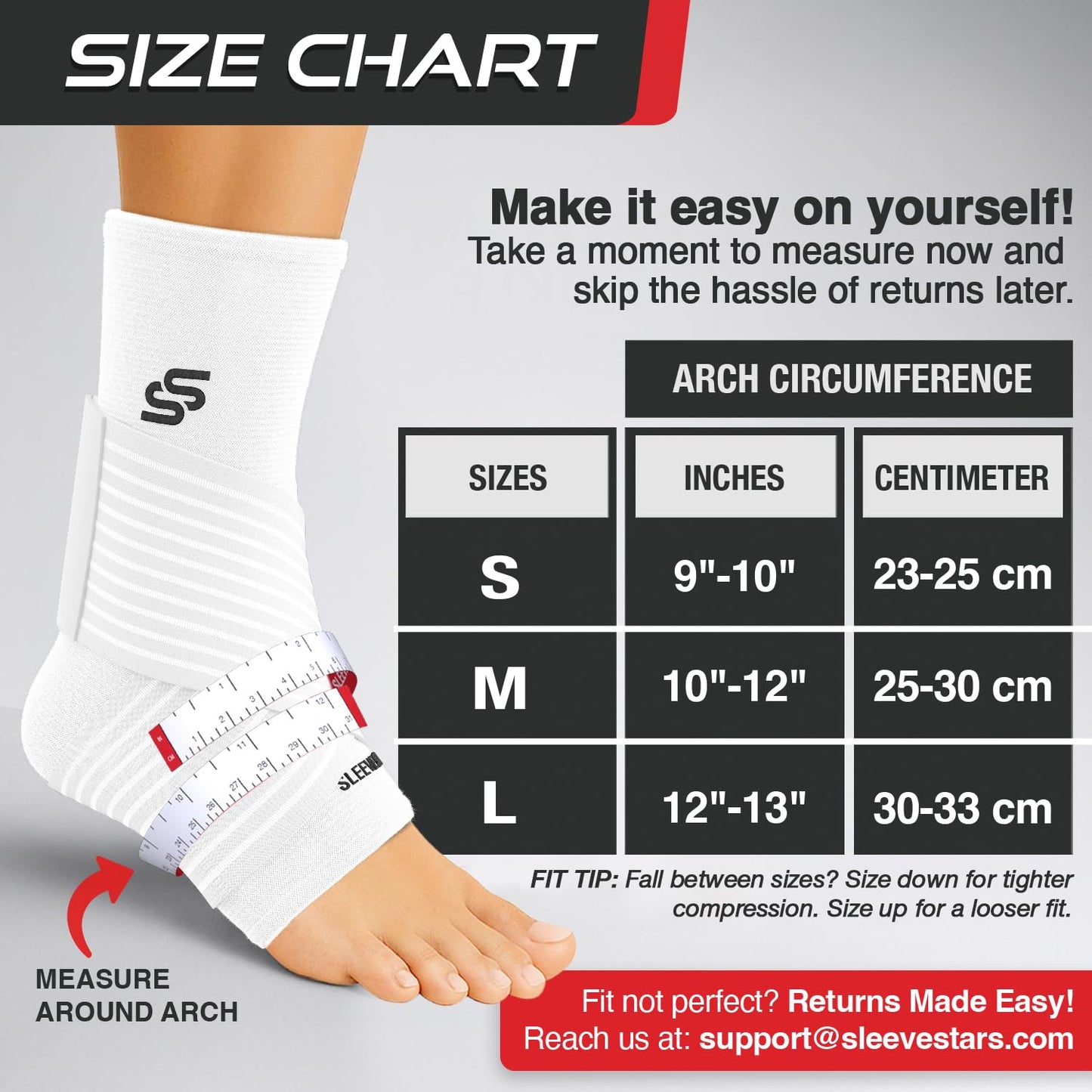 Sleeve Stars Knöchelbandage für Damen & Herren, Knöchelwickel für Verstauchungen, Kompressionsmanschette zur Linderung von Plantarfasziitis, Leicht anpassbare Unterstützung: mit abnehmbarem Gurt (Einzeln/M:25-30cm/Schwarz)