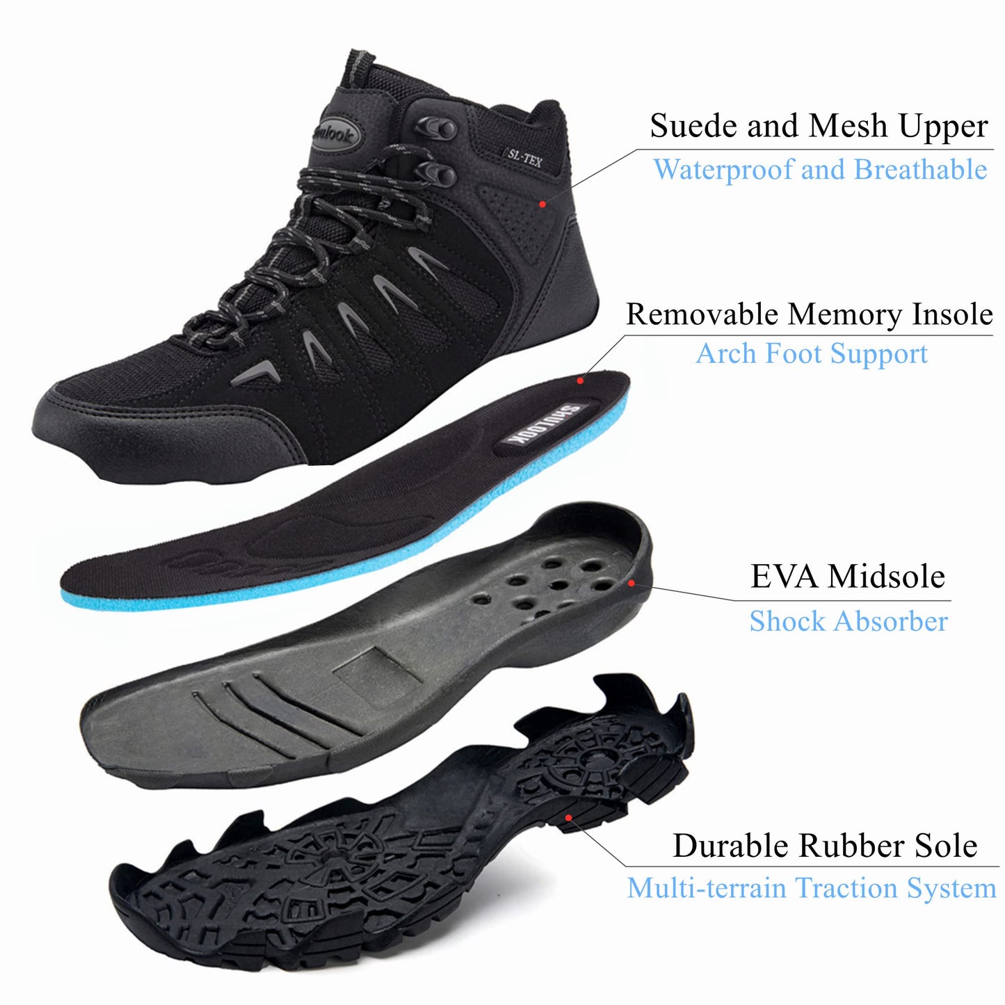 SHULOOK Men's Waterproof Hiking Boots Non-Slip Lightweight Mid Top Ankle Boot Breathable Hiker Trekking Shoes