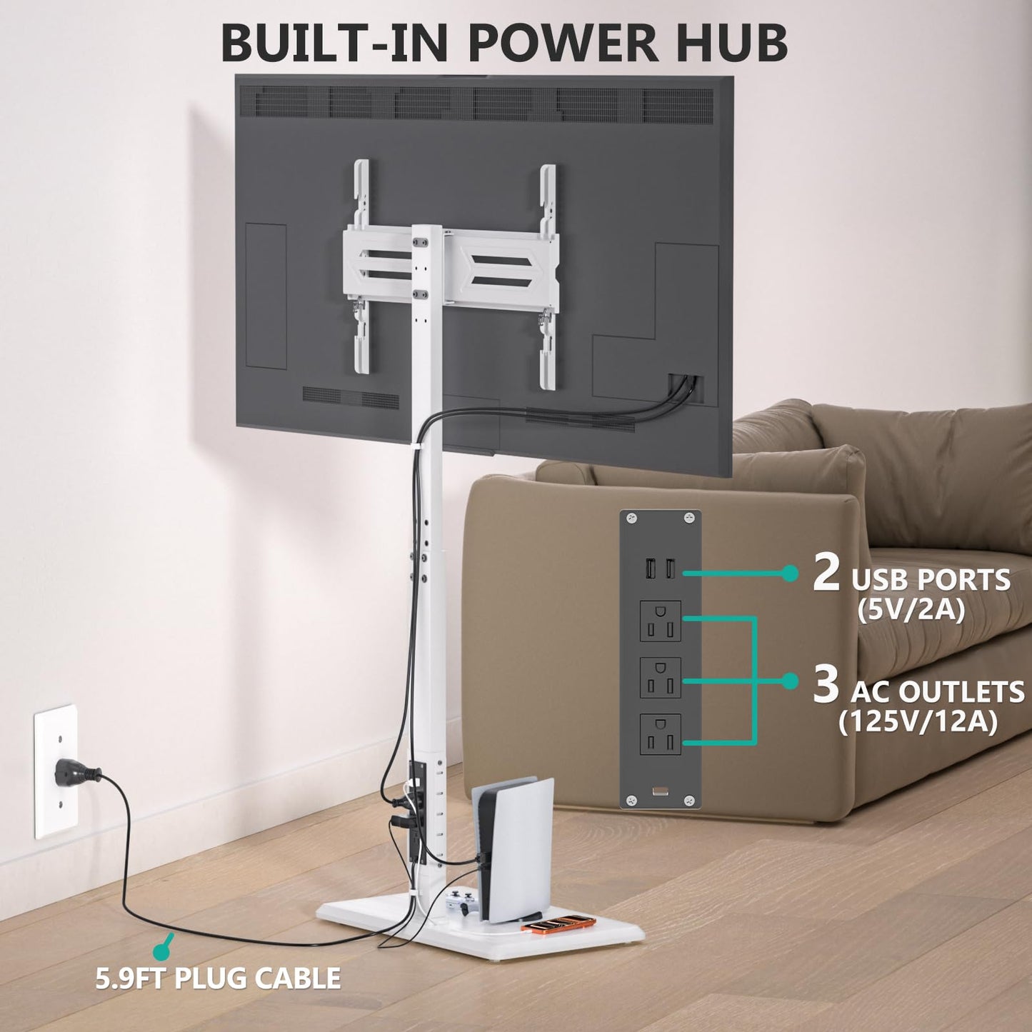 WALI Rolling TV Stand with Power Outlet & AV Shelf, Mobile Tall TV Stand Mount on Wheels for 34-75 inch TV up to 110 lbs, Swivel Height Adjustable TV Cart with Wood Base for Bedroom(TVDVD-6PRW), White