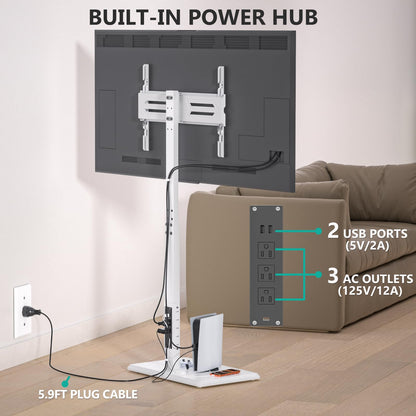 WALI Rolling TV Stand with Power Outlet & AV Shelf, Mobile Tall TV Stand Mount on Wheels for 34-75 inch TV up to 110 lbs, Swivel Height Adjustable TV Cart with Wood Base for Bedroom(TVDVD-6PRW), White