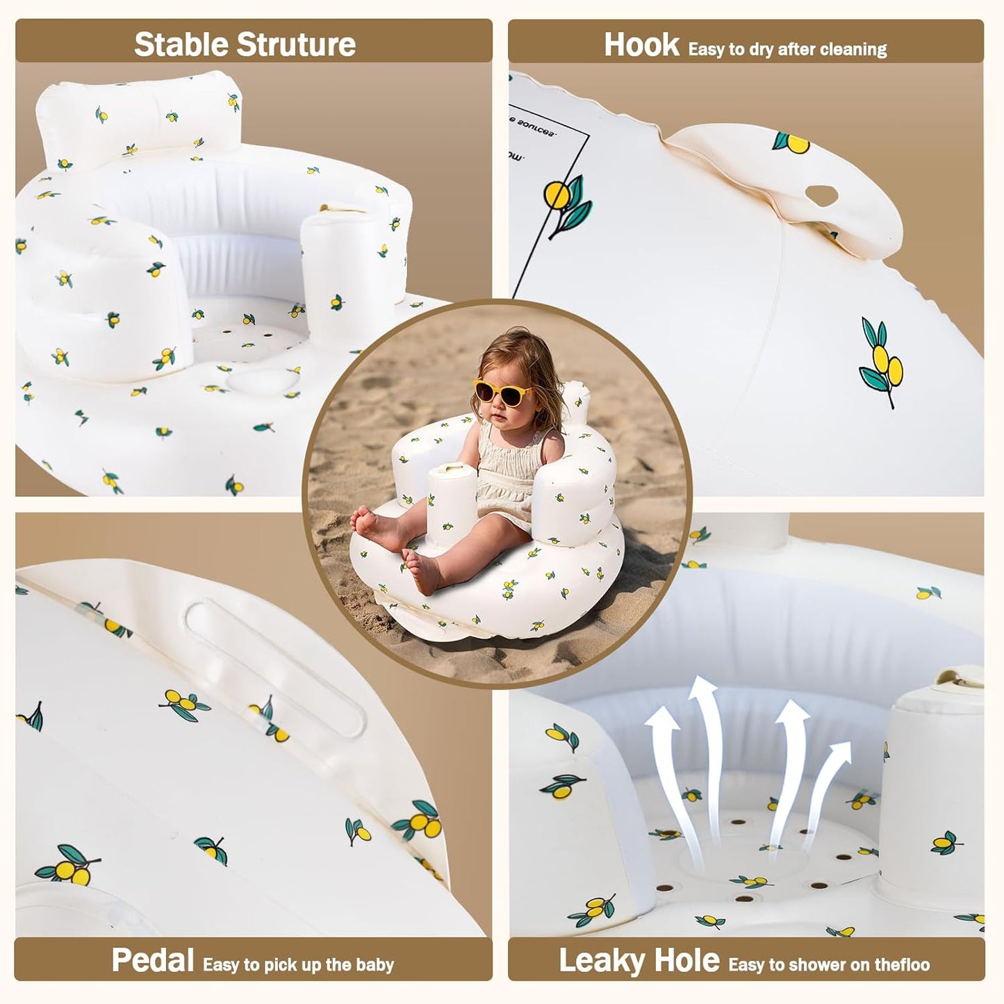 Aufblasbarer Babysitz, aufblasbarer Babystuhl für Babys ab 3 Monaten, aufblasbarer Sommerstuhl mit integrierter Luftpumpe, Baby-Bodensitz zum Sitzenlernen, Spielen, Campen, Orange