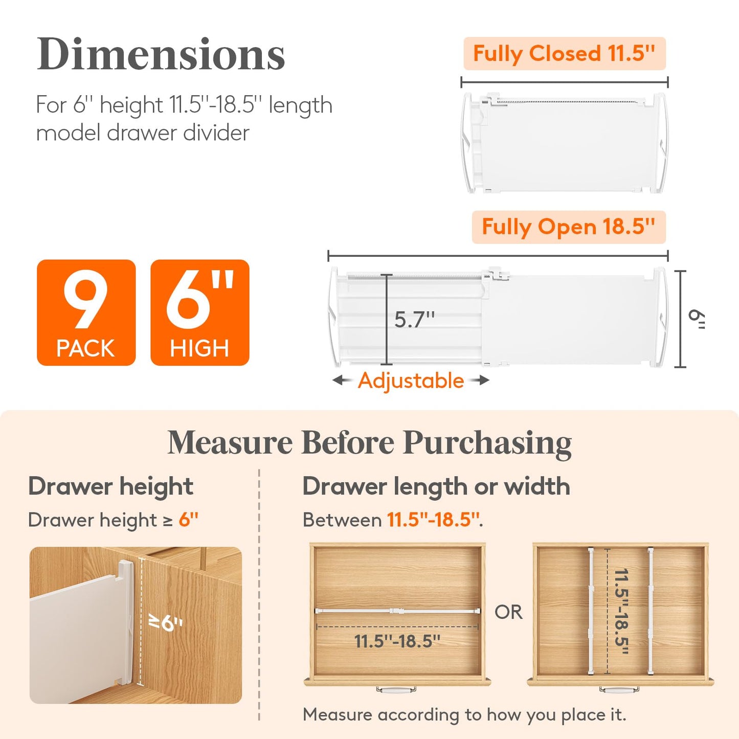 Lifewit 8" Tall 4 Pack Drawer Dividers, 13.8"-22.2" Adjustable Deep Drawer Organizer Clothes, Expandable White Plastic Separators for Dresser, Kitchen, Cabinet, Closet, Office Organization & Storage