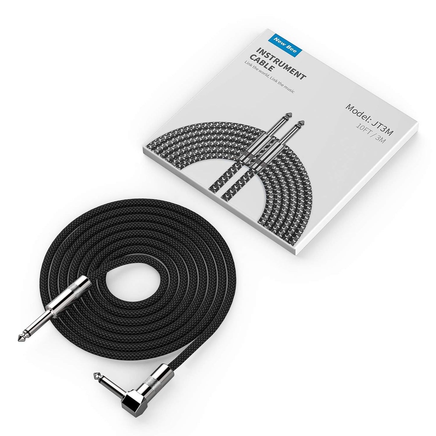 Gitarrenkabel 3m New bee E-Instrumentenkabel Bassverstärkerkabel für E-Gitarre, Bassgitarre, E-Mandoline, Pro Audio (Winkelstecker auf Gerader Stecker, Schwarz)