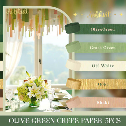 AOBKIAT Decoraciones para Fiesta de Bodas, 5 Rollos de Serpentinas de Papel Crepé Color Verde Oliva Caqui para Bodas Boho Verdes, Cumpleaños, Despedidas de Soltera/Bebé
