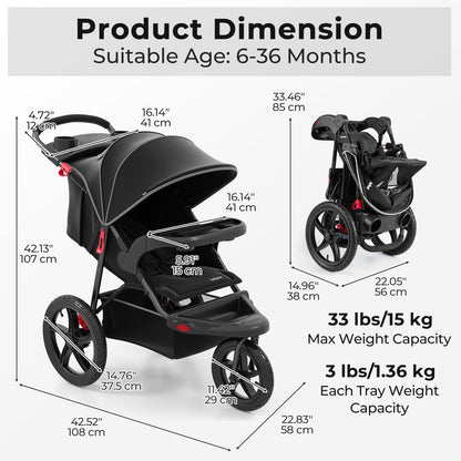 INFANS Jogging Stroller, Foldable Jogger with Air-Filled Tires Shock Absorbing Suspension Adjustable Backrest, Baby Running Strollers