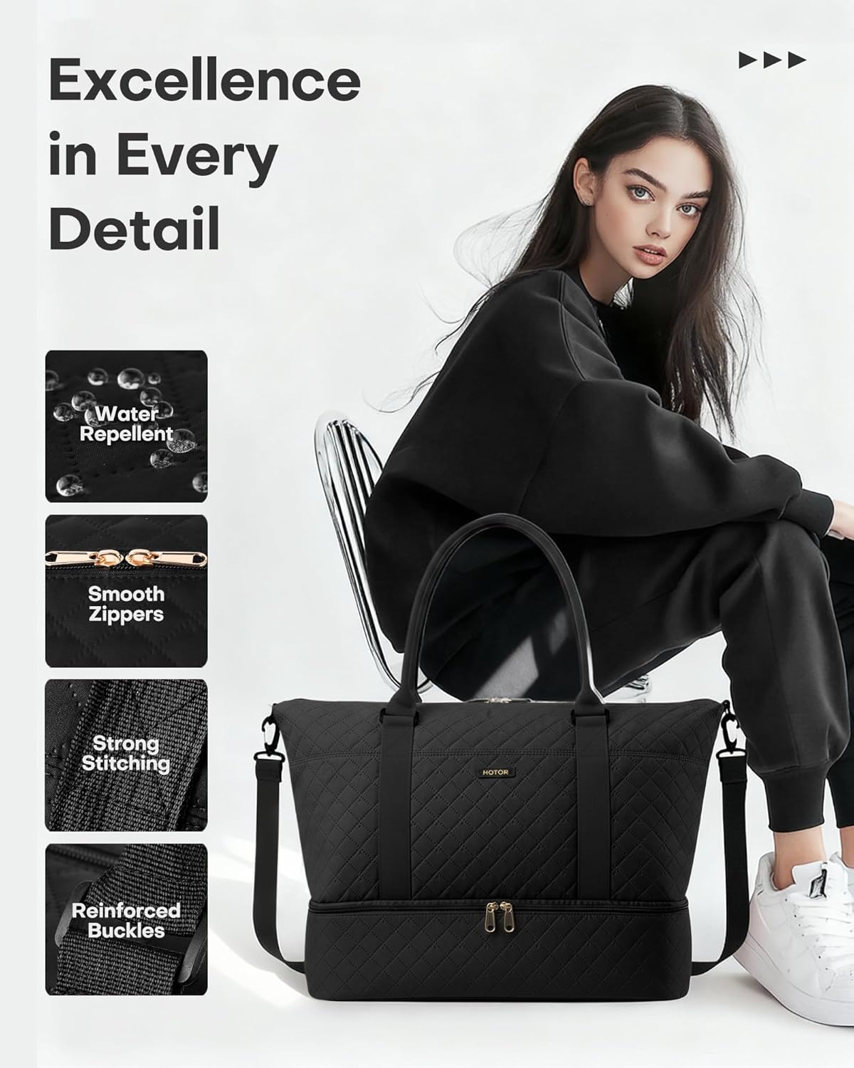 HOTOR Reisetasche - Große Weekender-Tasche für Frauen, Handgepäck mit Schuhfach, Übernachtungstasche mit Kulturtasche für Reiseutensilien und Reisezubehör, Schwarz, 34,0 x 45,0 x 20,0 cm