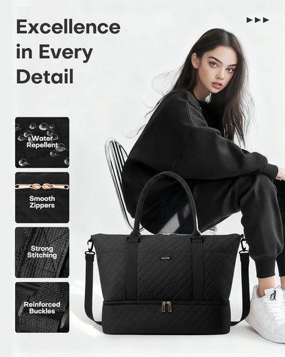 HOTOR Reisetasche - Große Weekender-Tasche für Frauen, Handgepäck mit Schuhfach, Übernachtungstasche mit Kulturtasche für Reiseutensilien und Reisezubehör, Schwarz, 34,0 x 45,0 x 20,0 cm