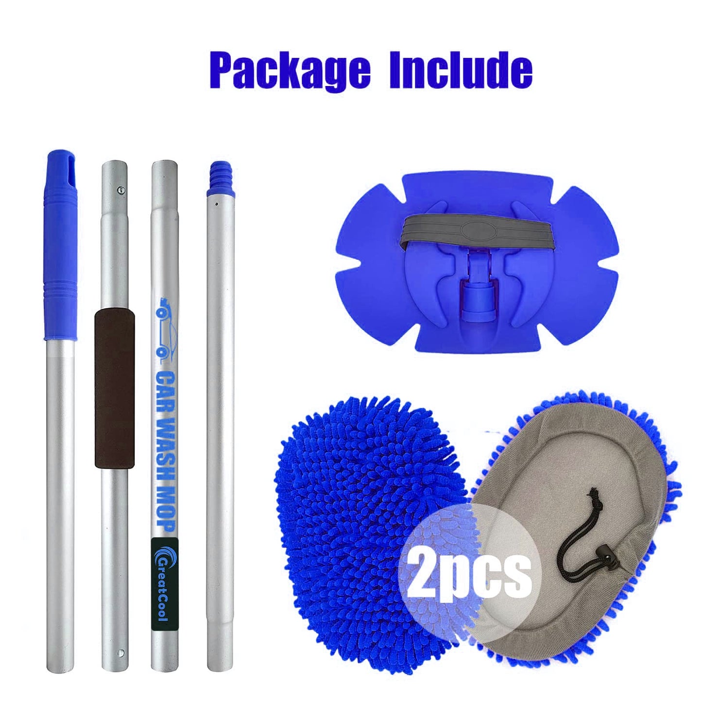 GreatCool 62" Autowaschbürsten-Mopp-Set mit langem Stiel, 2-in-1 Chenille-Mikrofaser-Schwamm-Waschhandschuh zur Reinigung und Pflege, Staubwedel zum Waschen von Autos, LKW, SUV, Wohnmobilen und für den Haushalt (2 x Moppkopf)