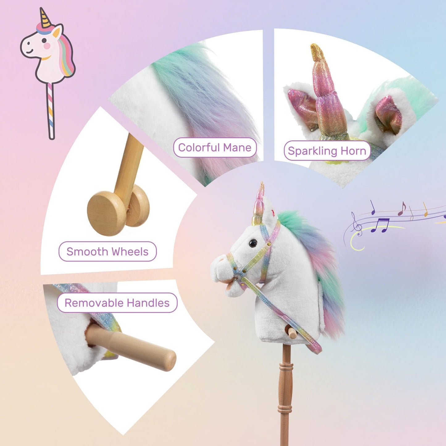 HollyHOME Plüsch Einhorn Steckenpferd mit Holzrädern Echten Pony Wiehern und Galoppieren Geräuschen Plüschtier Rosa 94 cm (AA Batterien Benötigt)