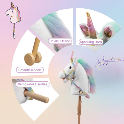 HollyHOME Plüsch Einhorn Steckenpferd mit Holzrädern Echten Pony Wiehern und Galoppieren Geräuschen Plüschtier Rosa 94 cm (AA Batterien Benötigt)