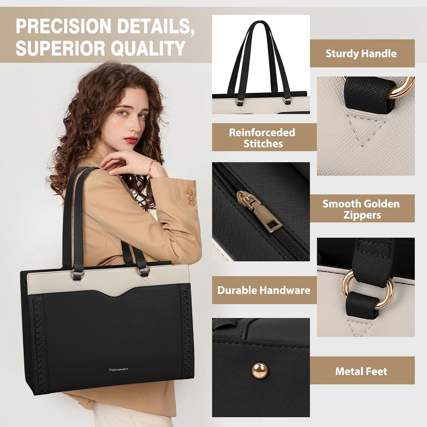 RAINSMORE Laptop Bag for Women 15.6 Inch Work Tote Bag with Detachable Strap & Bow Leather Laptop Tote with Cup Holder