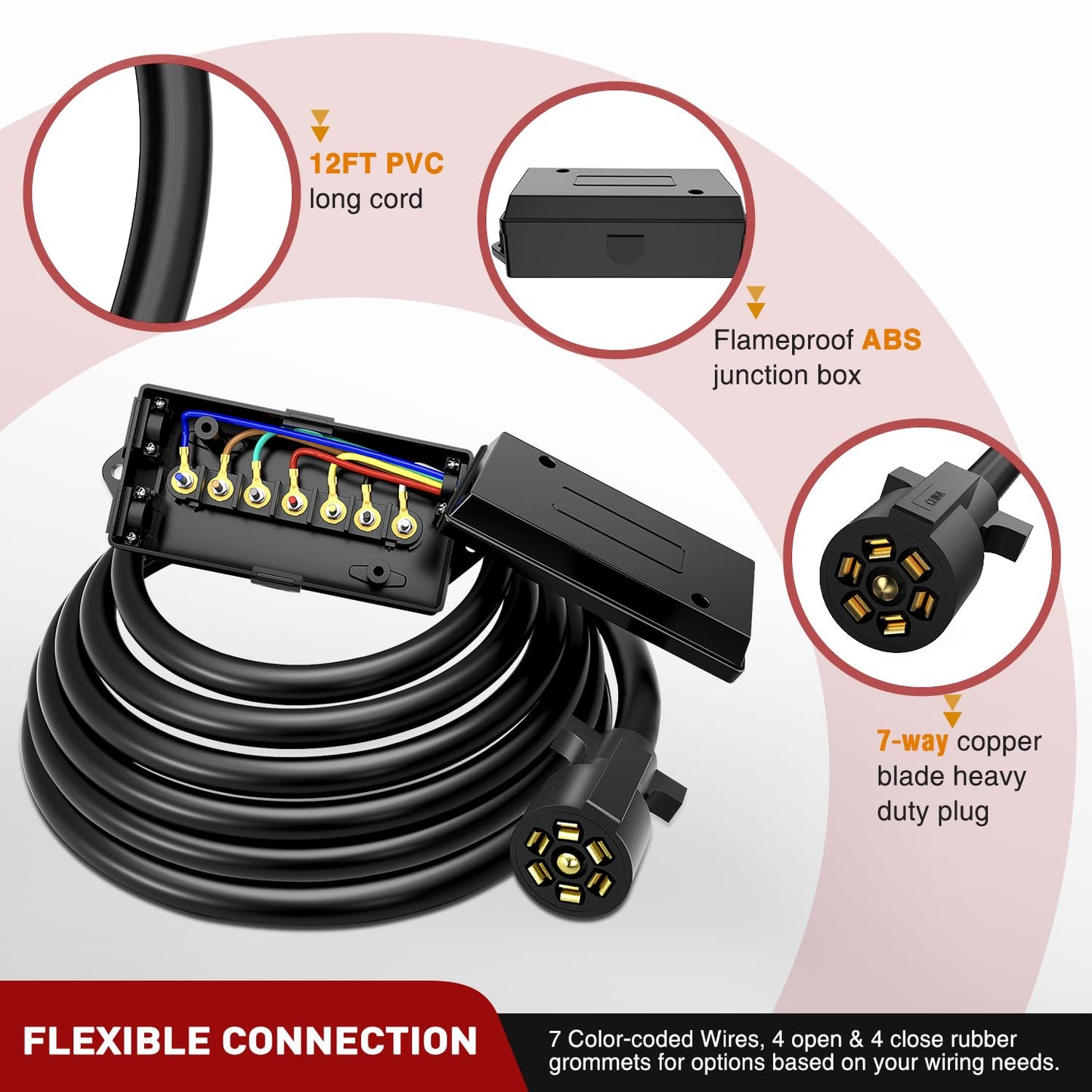 Nilight Heavy Duty 7 Way Inline Trailer Plug 8 Feet Connector Cable 7Pin RV Round Extension Wiring Harness Weatherproof Junction Box for RV Towing Car