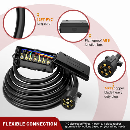 Nilight Heavy Duty 7 Way Inline Trailer Plug 8 Feet Connector Cable 7Pin RV Round Extension Wiring Harness Weatherproof Junction Box for RV Towing Car