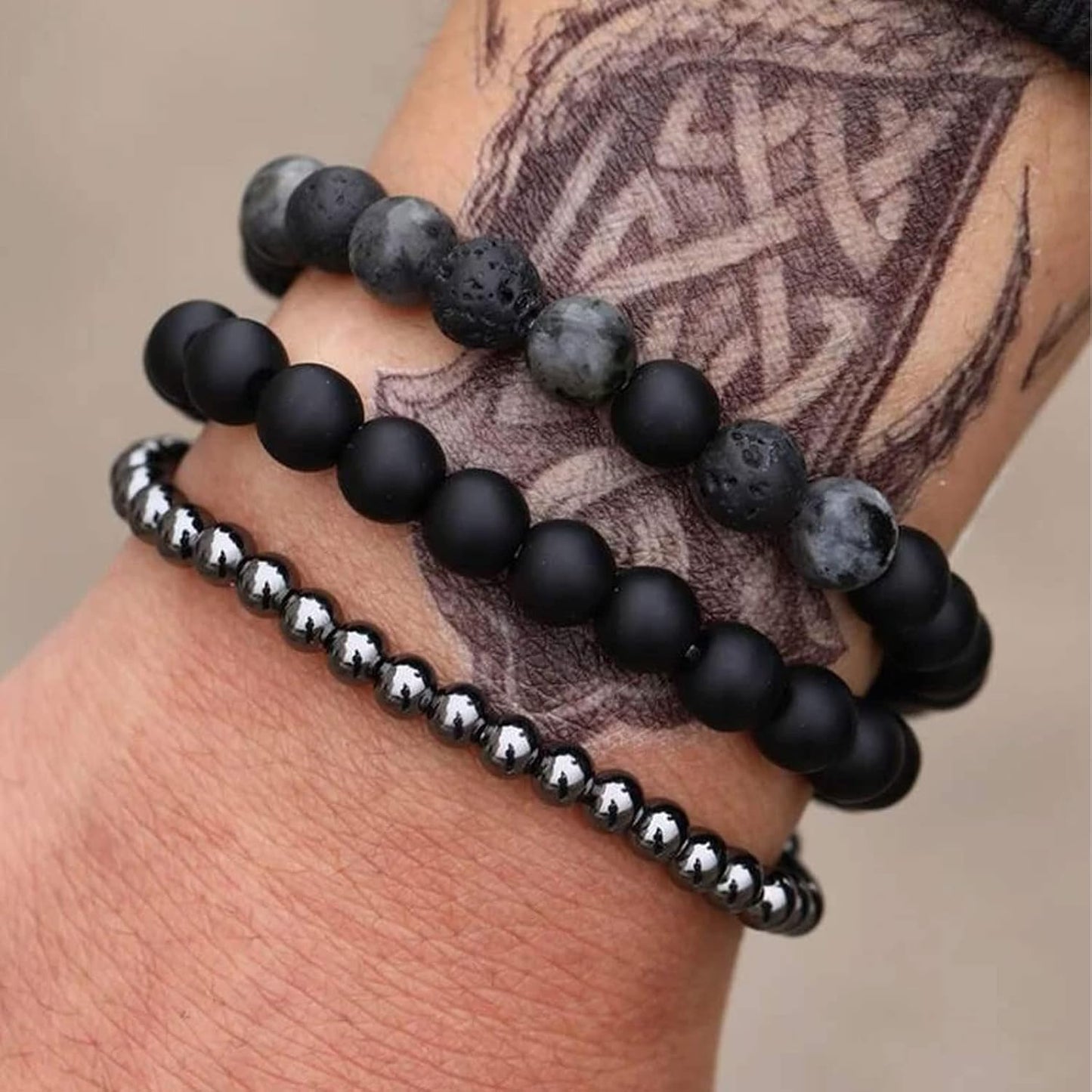 Tigerauge Armband für Herren 8MM Natursteinperlen Armband Set Stretch Lava Stein Armbänder Verstellbares Schwarzes Kristallperlenarmband für Herren Damen Geschenke