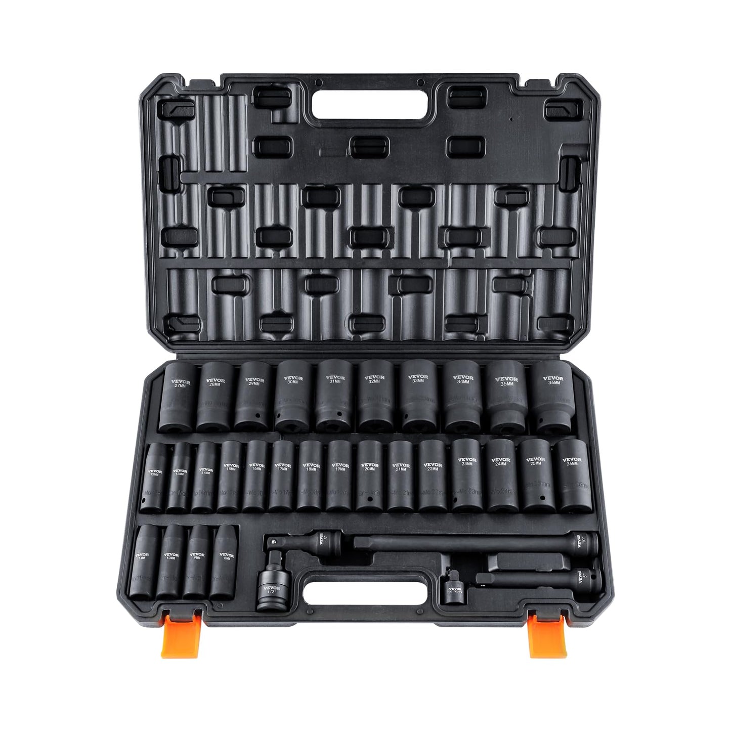 VEVOR 91-Piece 1/2" Drive Impact Socket Set, SAE (5/16" to 1-1/4") & Metric (8 to 32 mm), CR-V, Deep & Shallow, 6 Point, Ratchet Handle, Universal Joint, Adapters, Extension Bars (3, 5, 10 in)