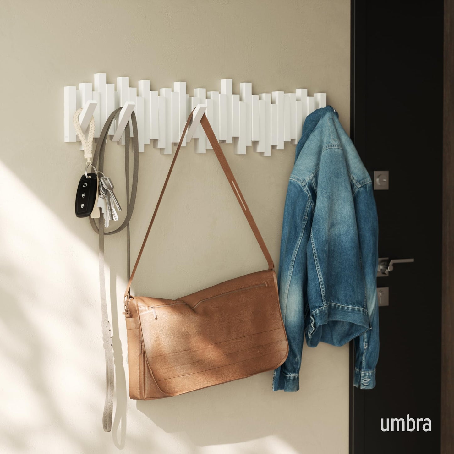 Umbra Sticks Wall-Mounted Coat Rack Rail Hook with 5 Retractable Pegs – Modern, Space-Saving Storage Organizer, Black