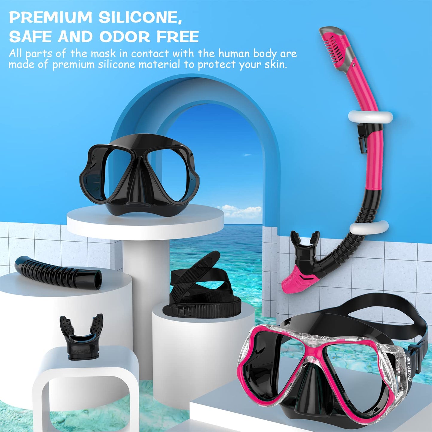 Greatever Dry Snorkel Set,Panoramic Wide View Anti-Fog Scuba Diving Mask,Professional Snorkeling Gear for Adults Kids