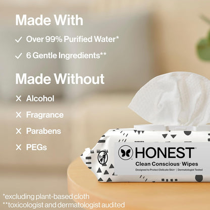 The Honest Company Clean Conscious Unscented Wipes | Over 99% Water, Compostable, Plant-Based, Baby Wipes | Hypoallergenic for Sensitive Skin, EWG Verified | Pattern Play, 576 Count