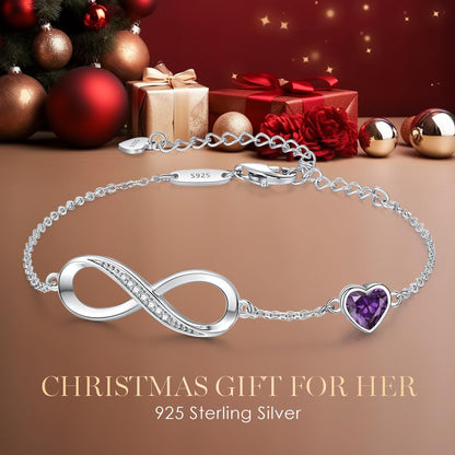CDE Valentinstagsgeschenk Infinity Herz Geburtsstein Charm Gliederarmband für Damen 925 Sterling Silber Verstellbares Muttertags- Weihnachtsgeschenk Jubiläums- Geburtstags-Schmuck für Ehefrau Freundin Sie