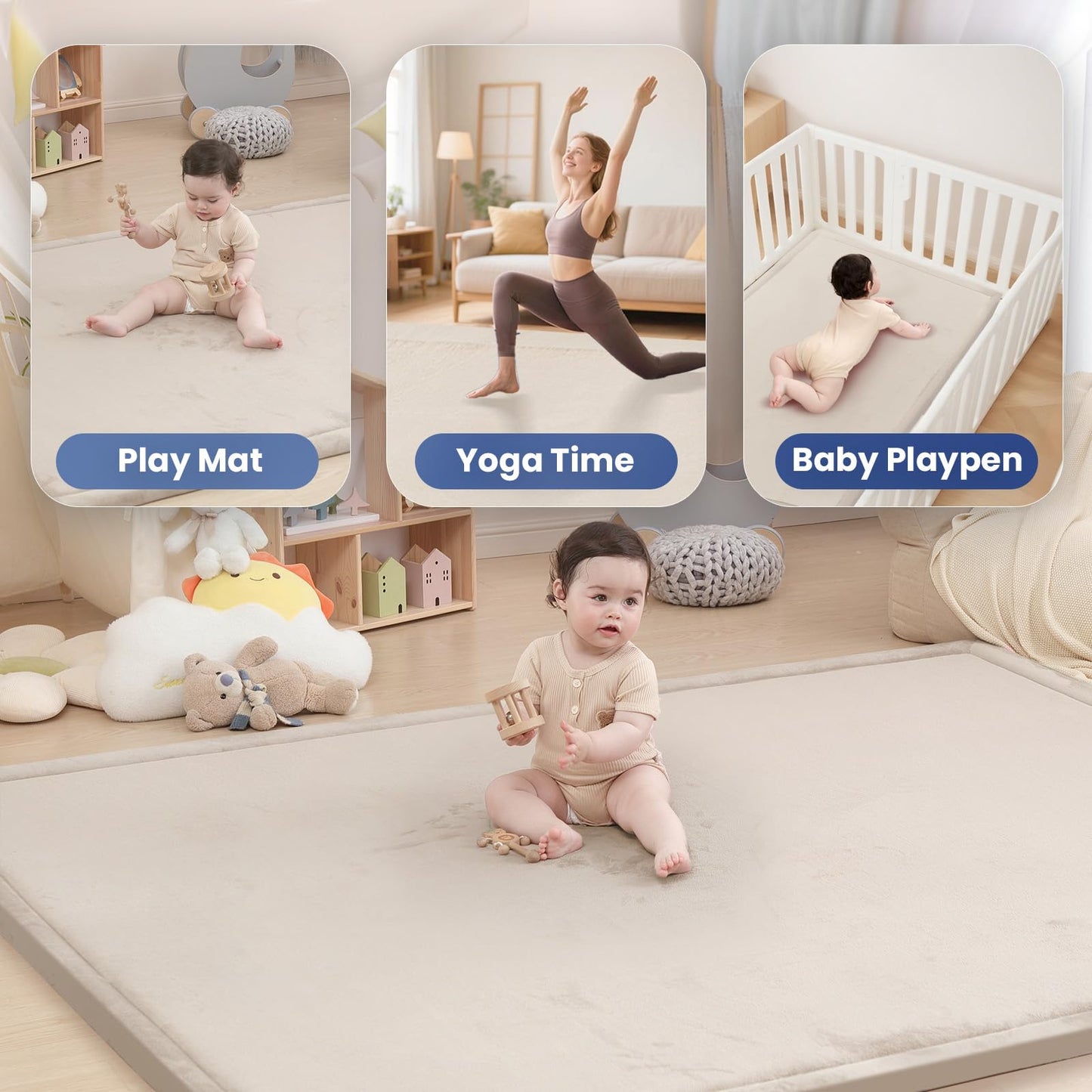 Huloo Sleep Ultra Soft Baby Spielmatte für den Boden, 3,3 cm dicke Elasti-Foam 127x127 cm Laufgittermatte für Kleinkinder, rutschfeste Rückseite, sicher zum Krabbeln und für die Bauchlage, Tatami-Stil (Dunkelgrau)